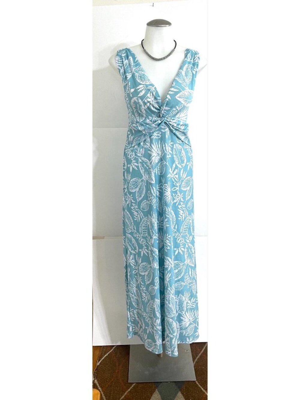 Blue & White Tropical Print Maxi Dress With Shirred Back & Twist Front Detail